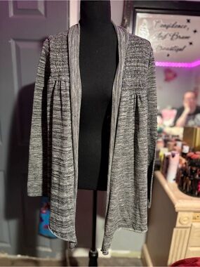 Smocked-Shoulder Grey Open-Front Cardigan Sweater- 3XL